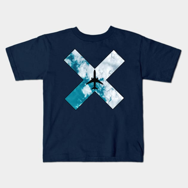 Airplane Boeing on the X sign with clouds background Kids T-Shirt by Avion